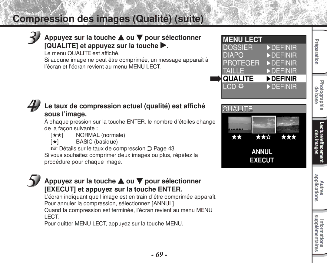 Toshiba PDR-M60 instruction manual Compression des images Qualité suite, Qualite Definir, Procédure pour chaque image 