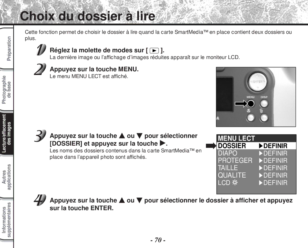 Toshiba PDR-M60 instruction manual Choix du dossier à lire, Dossier Definir 