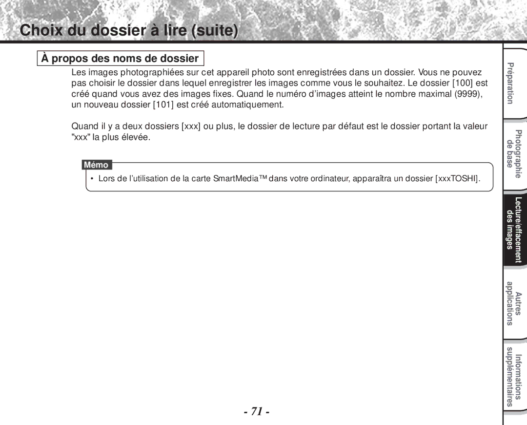 Toshiba PDR-M60 instruction manual Choix du dossier à lire suite, Propos des noms de dossier 