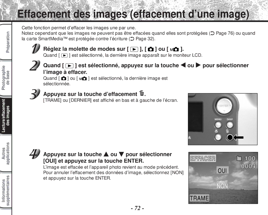 Toshiba PDR-M60 instruction manual Réglez la molette de modes sur , ou, Appuyez sur la touche d’effacement 