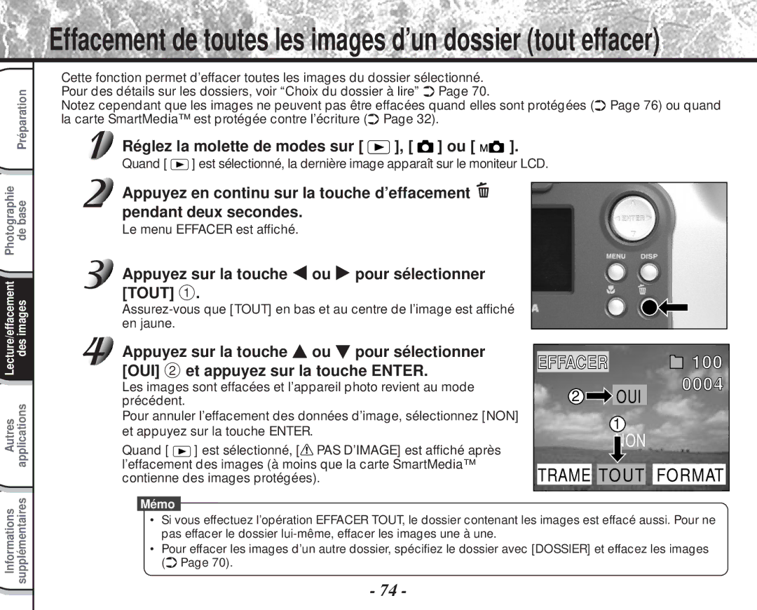 Toshiba PDR-M60 instruction manual Appuyez sur la touche ou pour sélectionner Tout, Le menu Effacer est affiché 