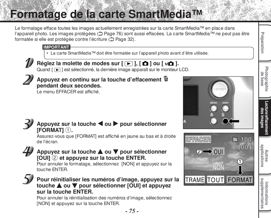 Toshiba PDR-M60 instruction manual Formatage de la carte SmartMedia, Appuyez sur la touche ou pour sélectionner Format 