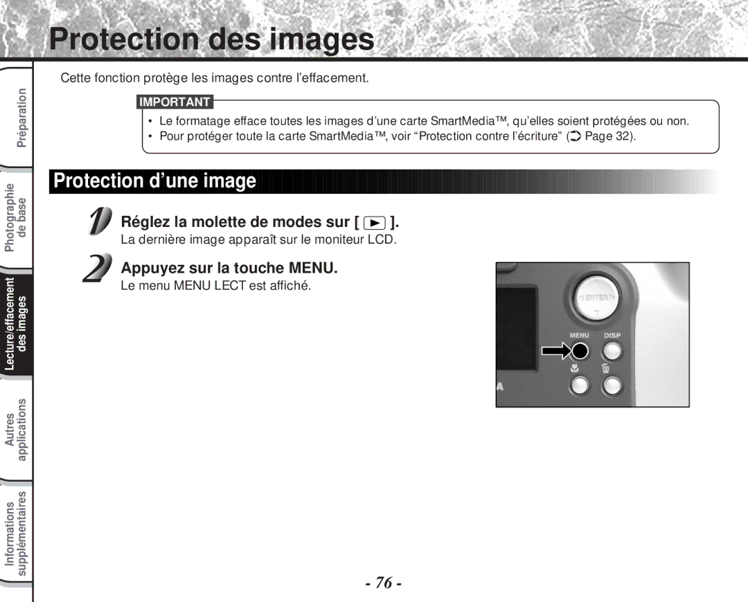 Toshiba PDR-M60 Protection des images, Protection d’une image, Cette fonction protège les images contre l’effacement 