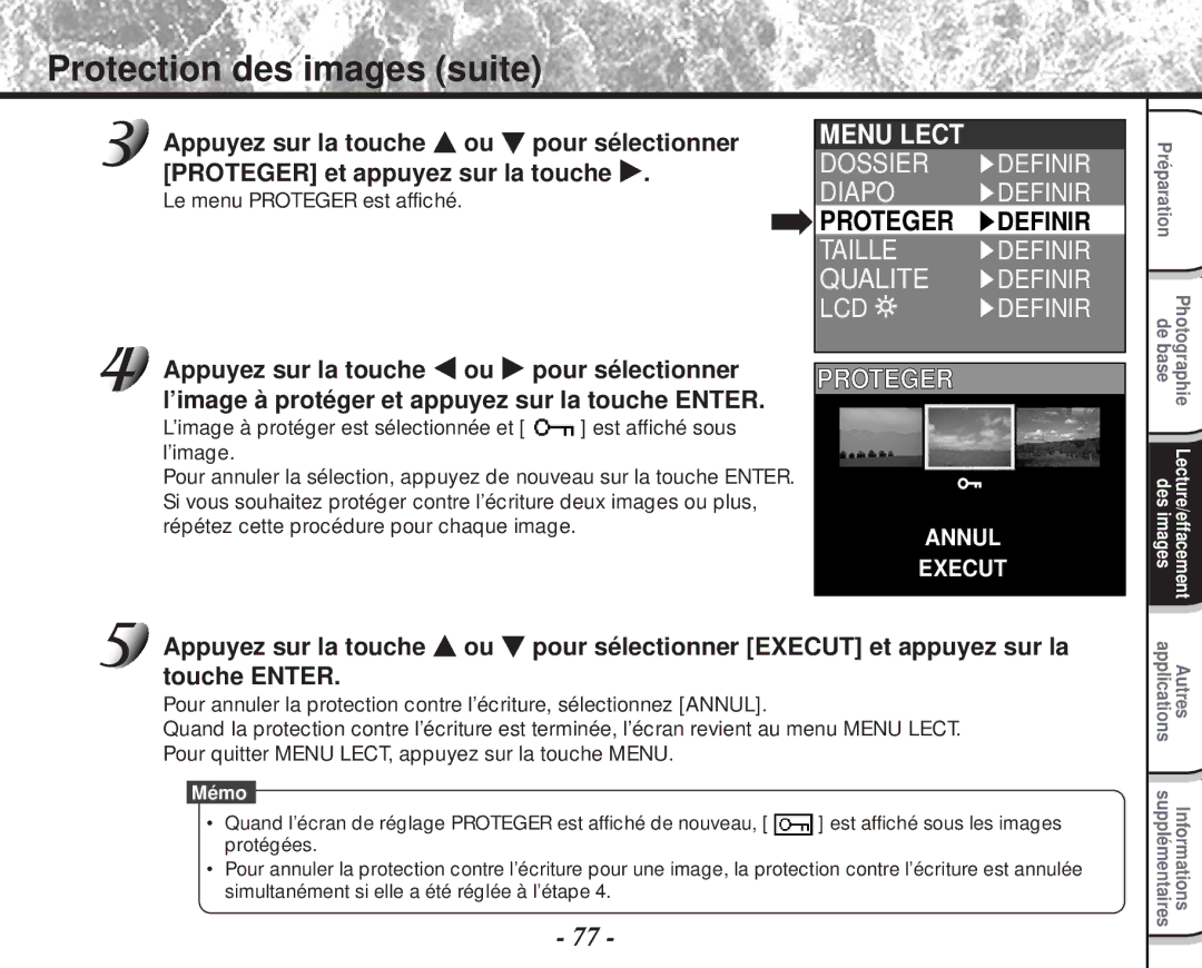 Toshiba PDR-M60 instruction manual Protection des images suite, Le menu Proteger est affiché 