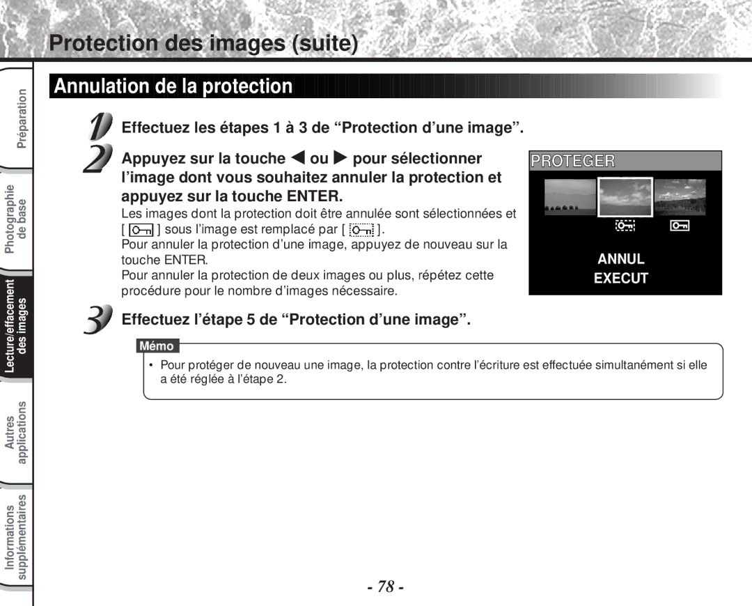 Toshiba PDR-M60 instruction manual Effectuez l’étape 5 de Protection d’une image 