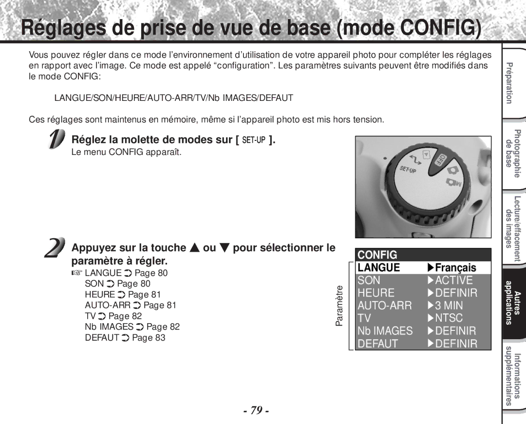 Toshiba PDR-M60 instruction manual Config Langue, Le menu Config apparaît, Paramètre 