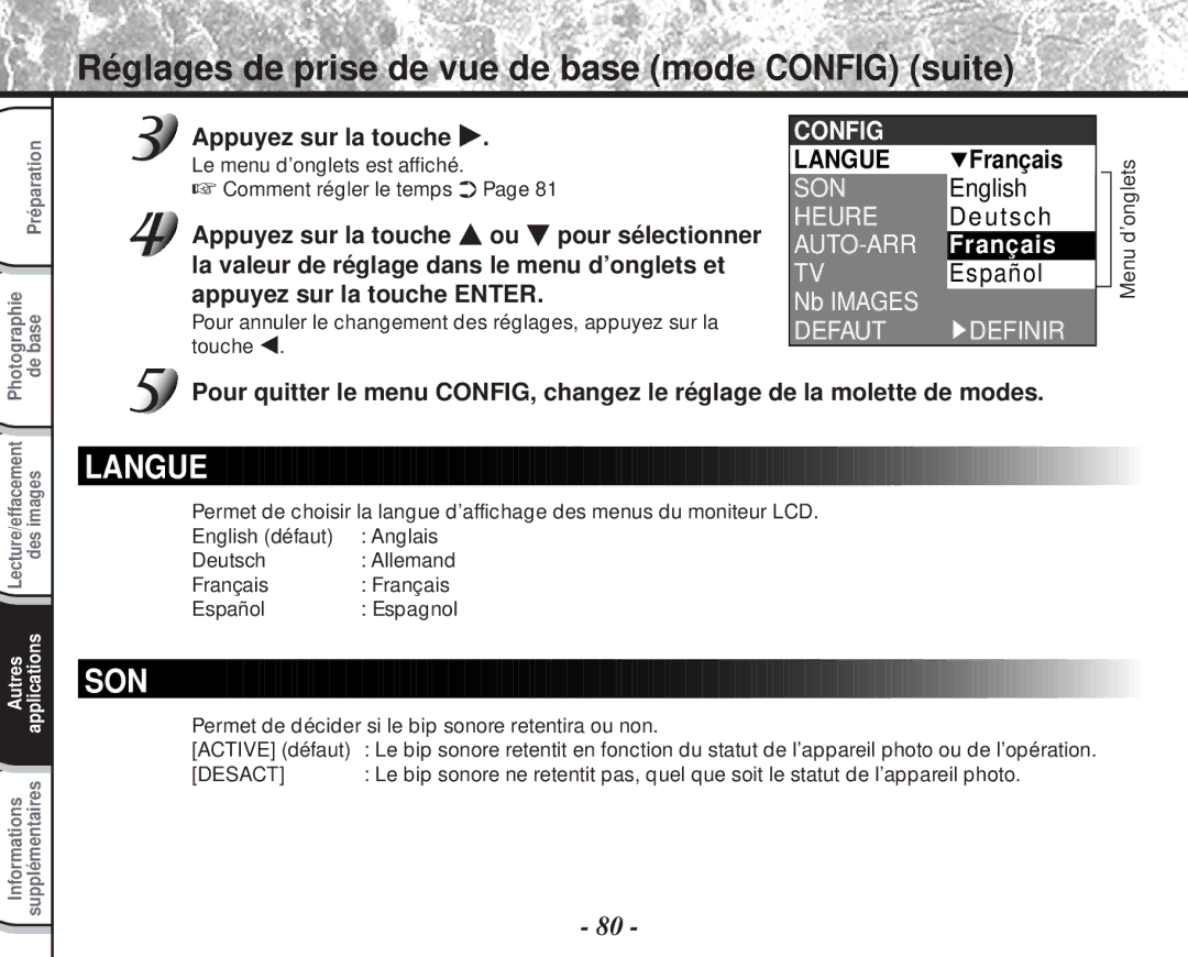 Toshiba PDR-M60 Réglages de prise de vue de base mode Config suite, Le menu d’onglets est affiché Comment régler le temps 