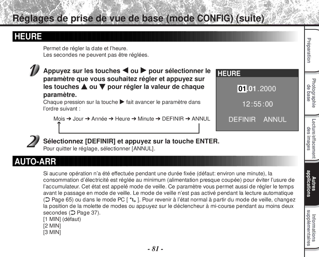 Toshiba PDR-M60 Heure, Sélectionnez Definir et appuyez sur la touche Enter, Pour quitter le réglage, sélectionner Annul 