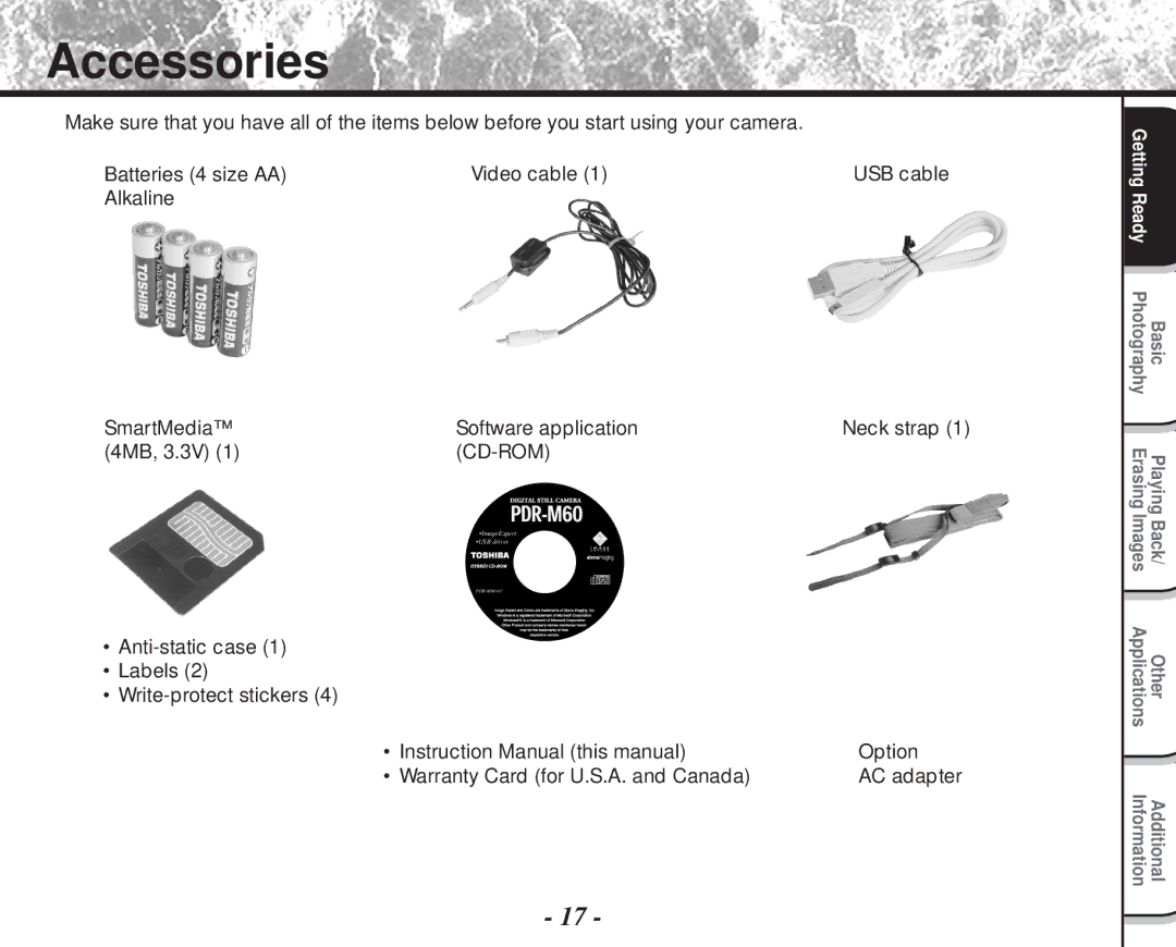 Toshiba PDR-M60 instruction manual Accessories, Cd-Rom 