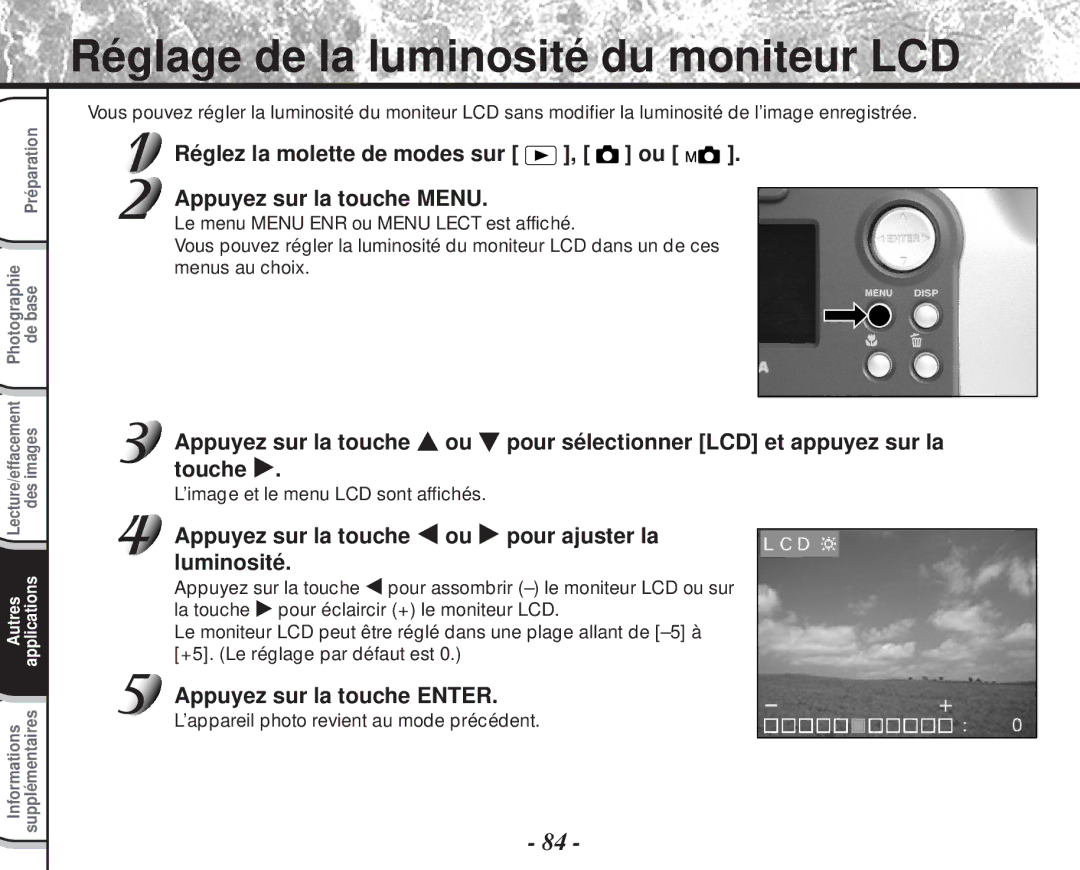 Toshiba PDR-M60 Réglage de la luminosité du moniteur LCD, Appuyez sur la touche ou pour ajuster la luminosité 