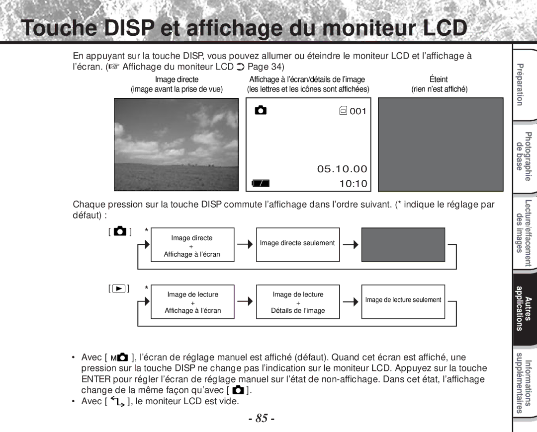 Toshiba PDR-M60 instruction manual Touche Disp et affichage du moniteur LCD 