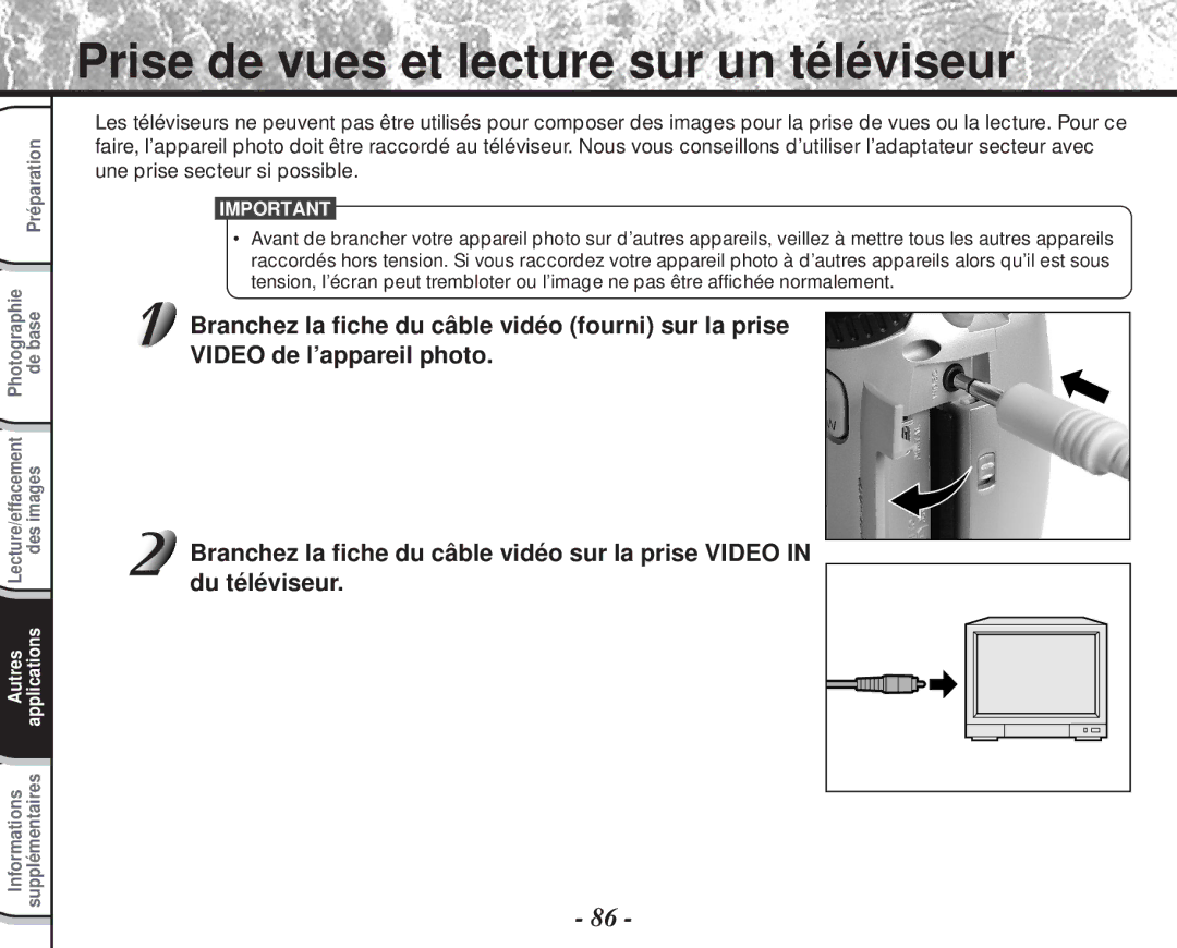 Toshiba PDR-M60 instruction manual Prise de vues et lecture sur un téléviseur 