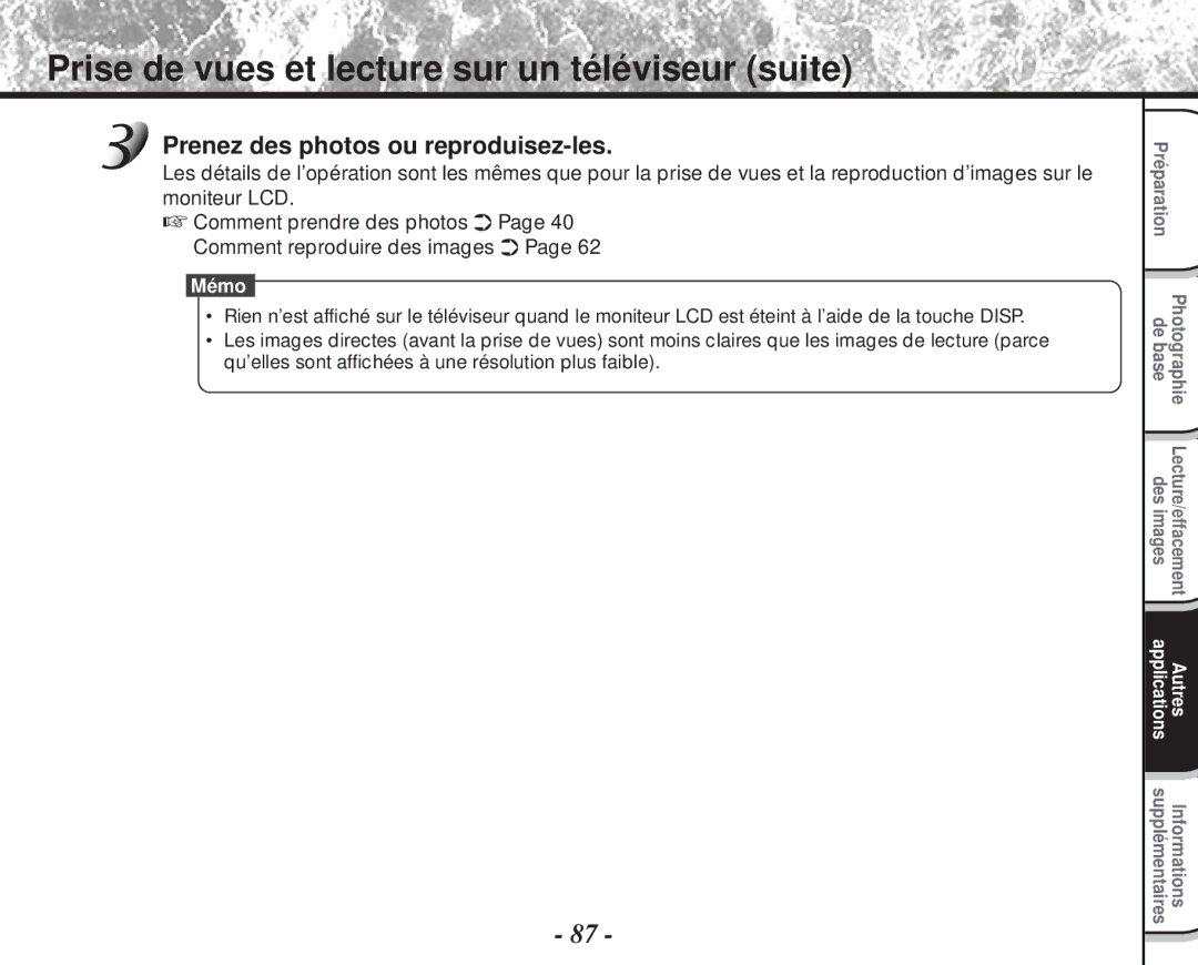 Toshiba PDR-M60 instruction manual Prise de vues et lecture sur un téléviseur suite, Prenez des photos ou reproduisez-les 