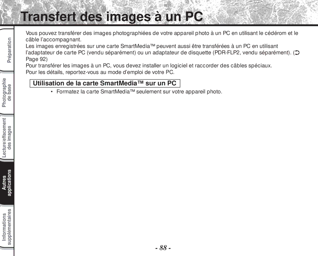 Toshiba PDR-M60 instruction manual Transfert des images à un PC, Utilisation de la carte SmartMedia sur un PC 