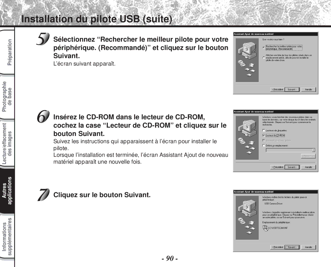 Toshiba PDR-M60 instruction manual Installation du pilote USB suite, ’écran suivant apparaît 