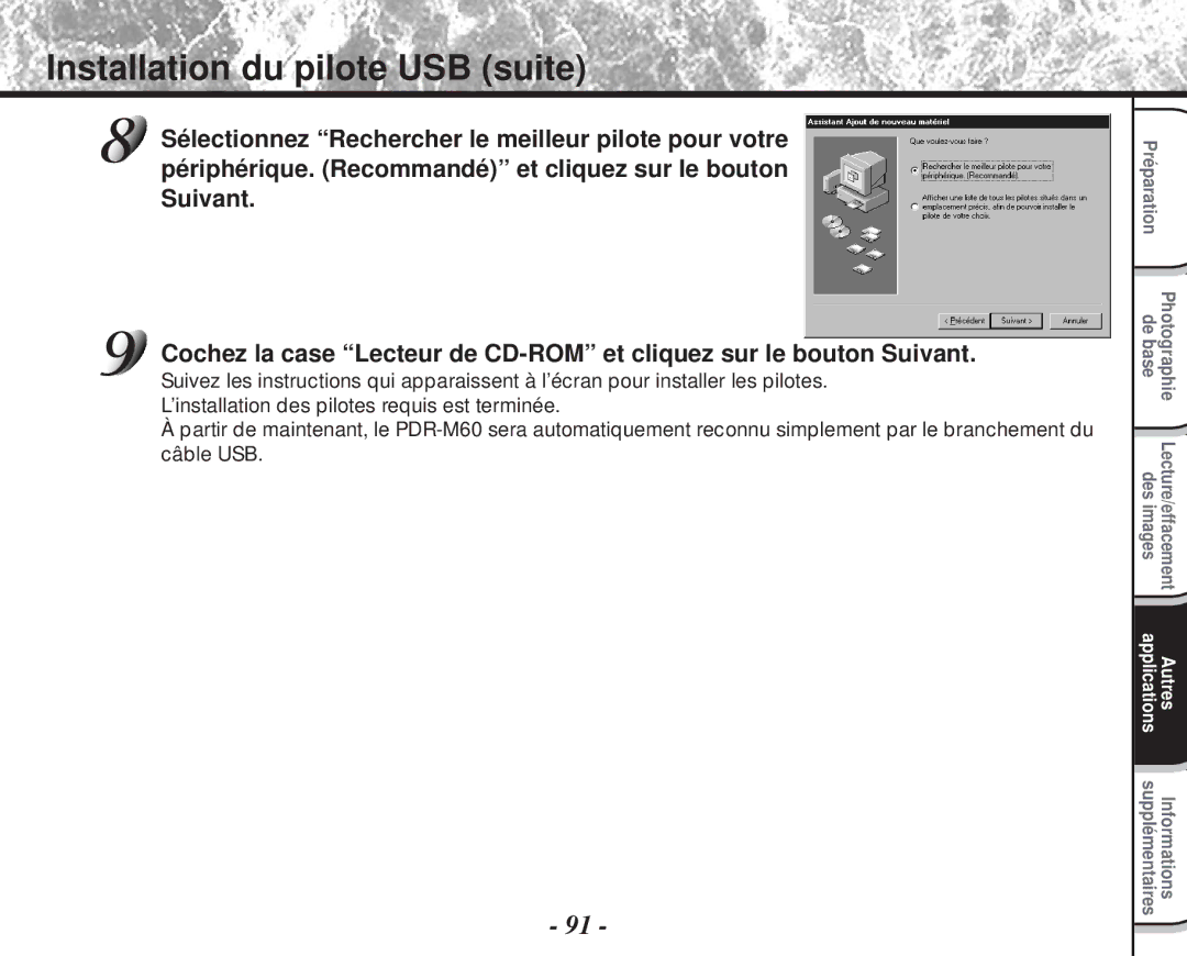 Toshiba PDR-M60 instruction manual Installation du pilote USB suite 