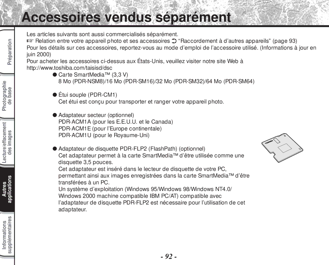 Toshiba PDR-M60 instruction manual Accessoires vendus séparément 