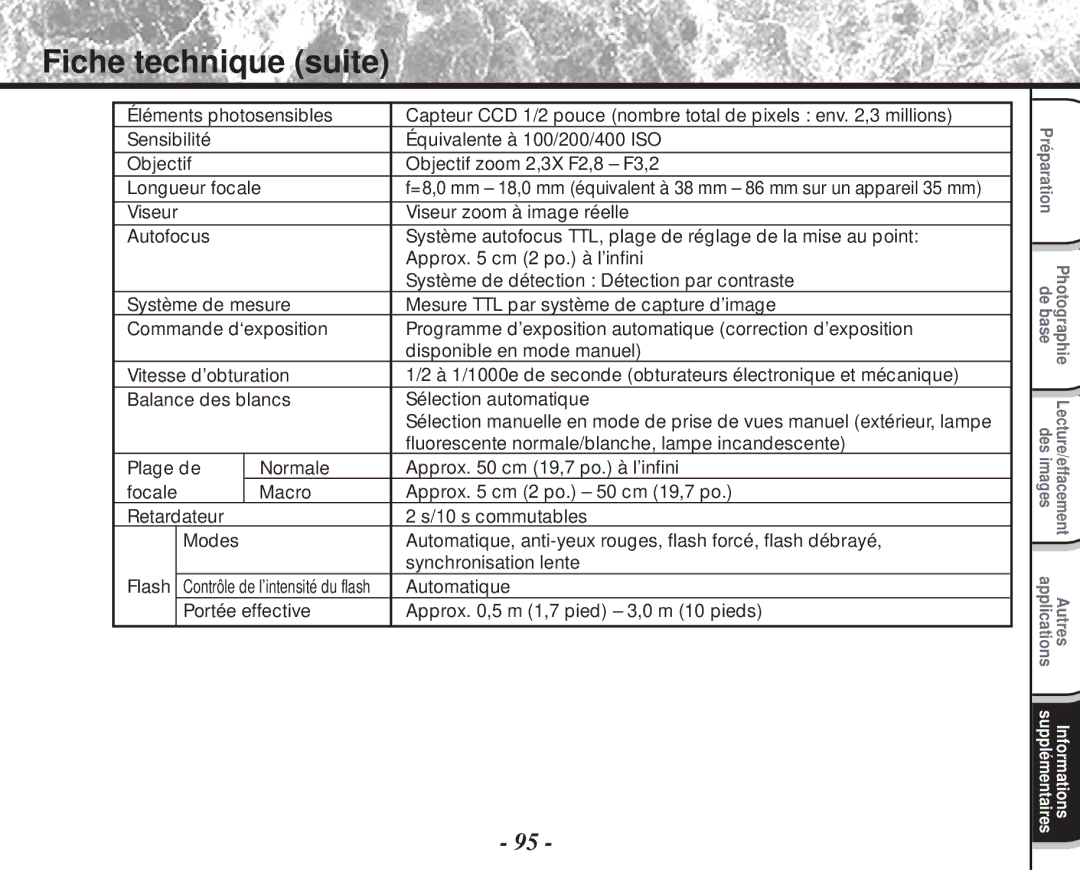 Toshiba PDR-M60 instruction manual Fiche technique suite, Fluorescente normale/blanche, lampe incandescente, Automatique 