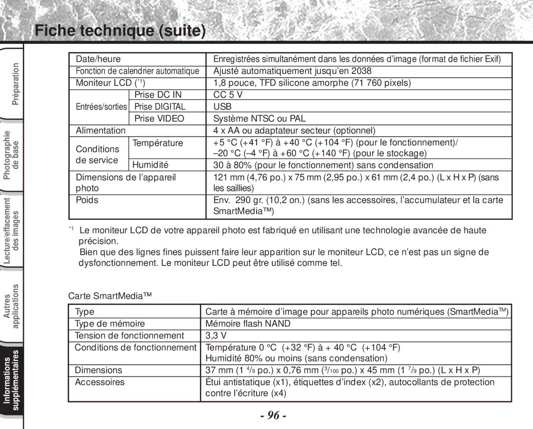 Toshiba PDR-M60 Date/heure, Ajusté automatiquement jusqu’en, Prise Digital, Prise Video Système Ntsc ou PAL 