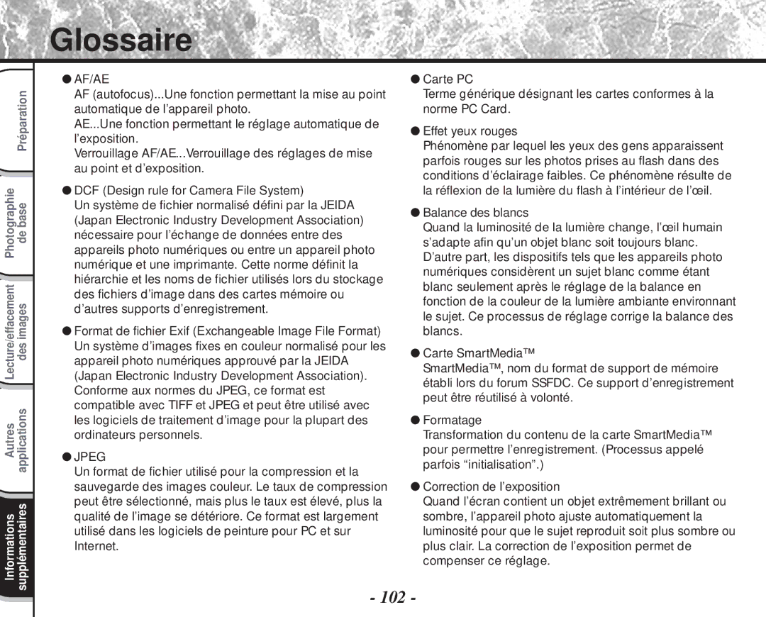 Toshiba PDR-M60 instruction manual Glossaire, Af/Ae 