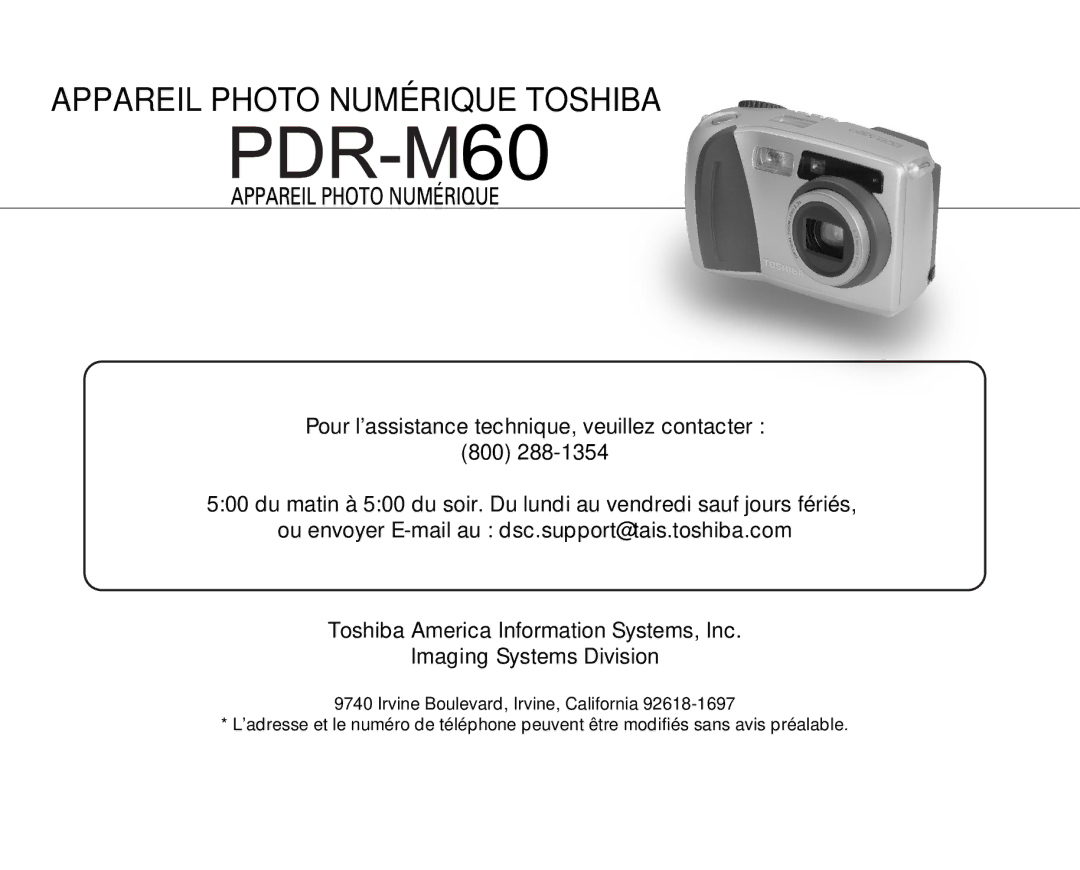 Toshiba PDR-M60 instruction manual Appareil Photo Numérique Toshiba 