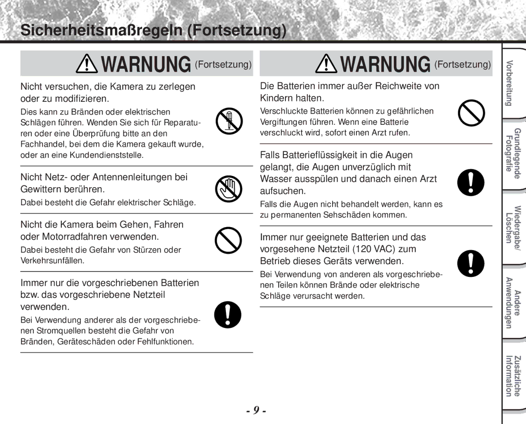 Toshiba PDR-M60 instruction manual Nicht Netz- oder Antennenleitungen bei Gewittern berühren 