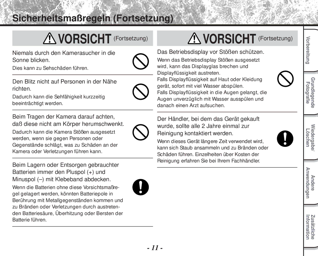 Toshiba PDR-M60 instruction manual Den Blitz nicht auf Personen in der Nähe richten 