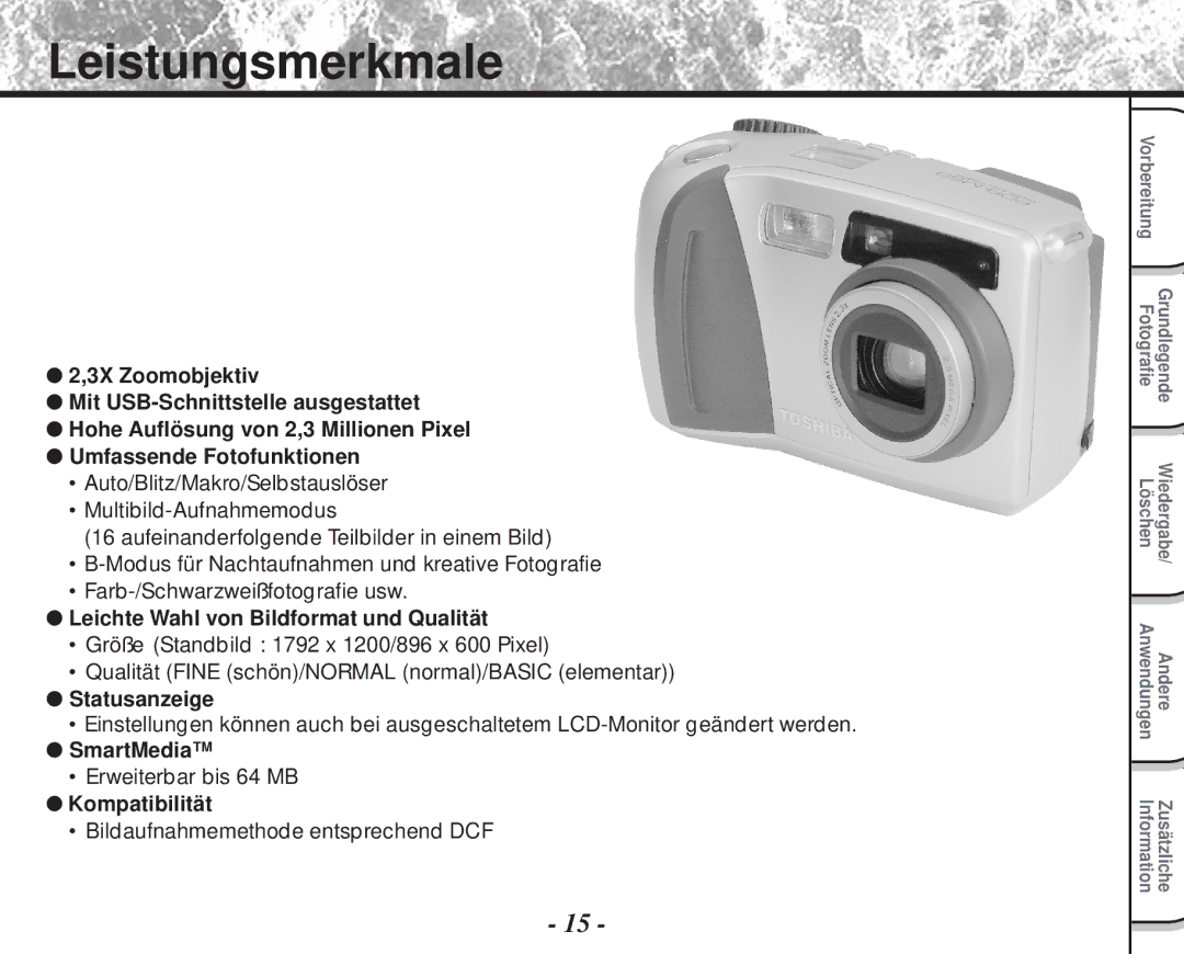 Toshiba PDR-M60 instruction manual Leistungsmerkmale, Leichte Wahl von Bildformat und Qualität 