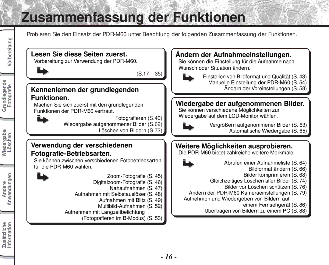 Toshiba PDR-M60 instruction manual Zusammenfassung der Funktionen, Kennenlernen der grundlegenden Funktionen 