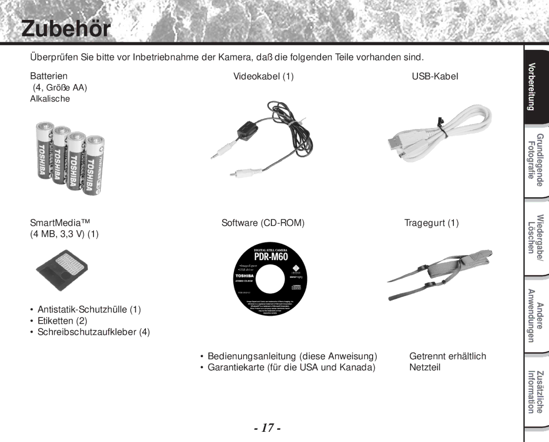 Toshiba PDR-M60 Zubehör, SmartMedia Software CD-ROM, MB, 3,3 V, Garantiekarte für die USA und Kanada Netzteil 