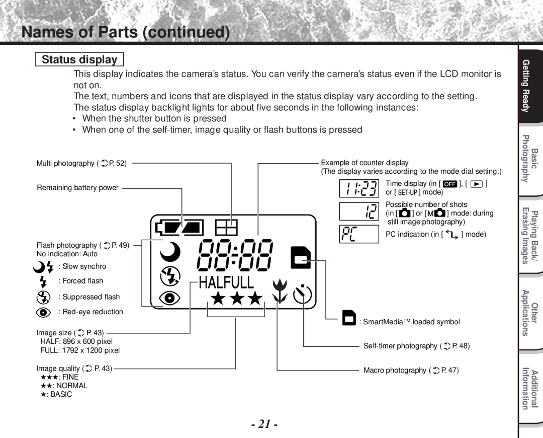 Toshiba PDR-M60 instruction manual Status display, Photography Basic 