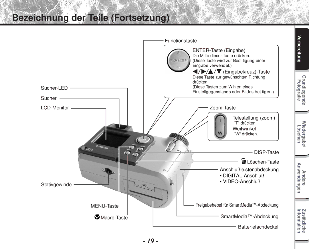 Toshiba PDR-M60 instruction manual Bezeichnung der Teile Fortsetzung, Eingabekreuz-Taste 