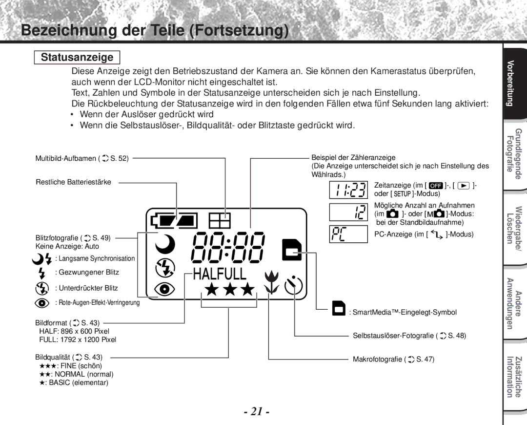 Toshiba PDR-M60 instruction manual Statusanzeige, Fotografie Grundlegende 