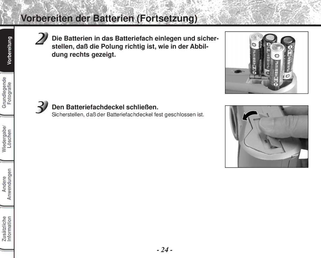 Toshiba PDR-M60 instruction manual Vorbereiten der Batterien Fortsetzung 