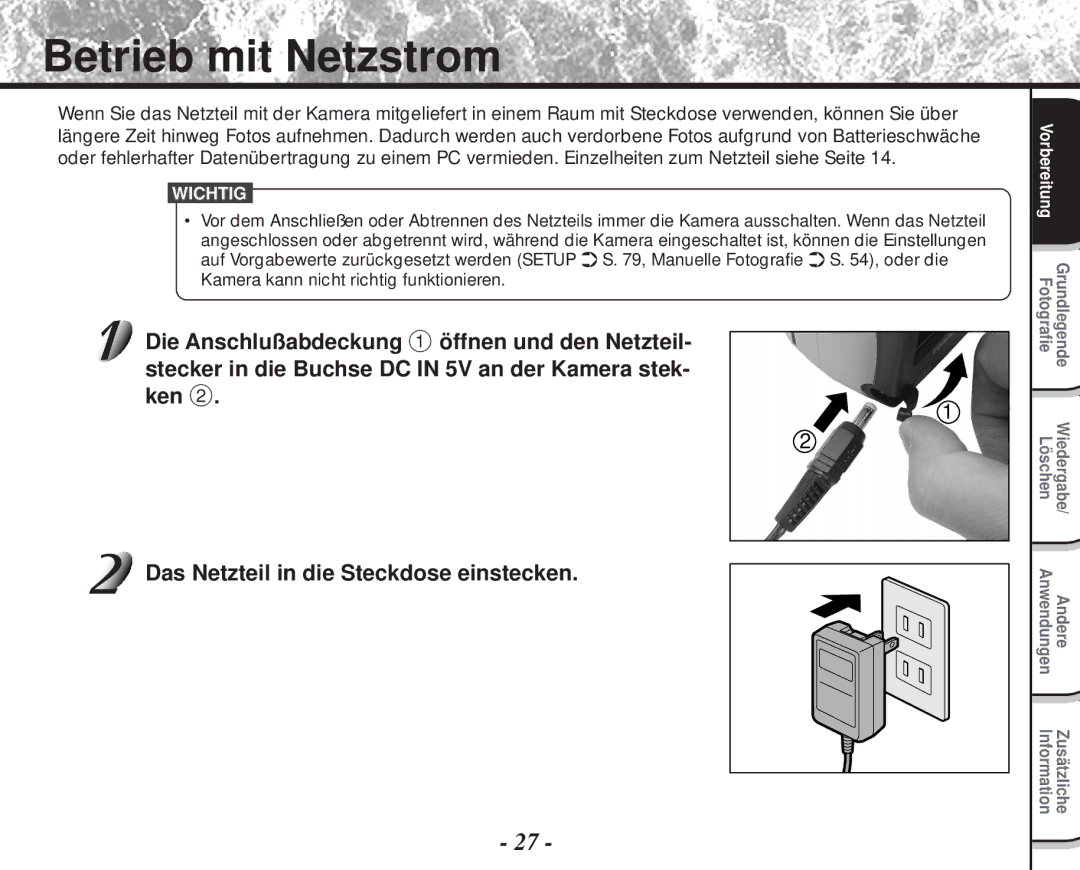 Toshiba PDR-M60 instruction manual Betrieb mit Netzstrom 