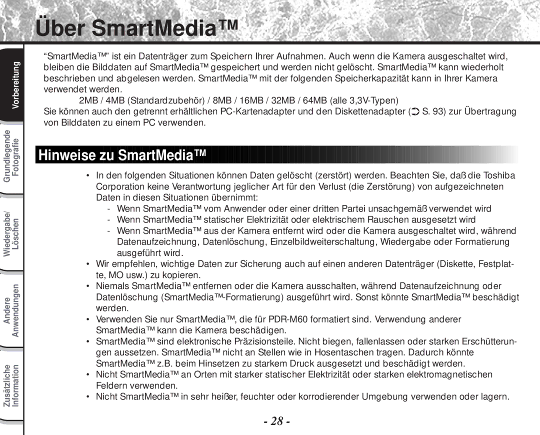 Toshiba PDR-M60 instruction manual Über SmartMedia, Hinweise zu SmartMedia 