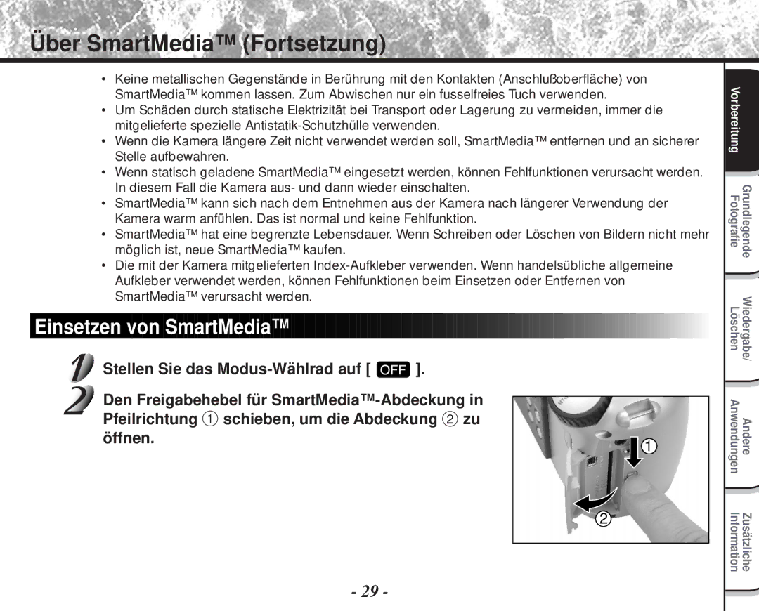 Toshiba PDR-M60 instruction manual Über SmartMedia Fortsetzung, Einsetzen von SmartMedia 