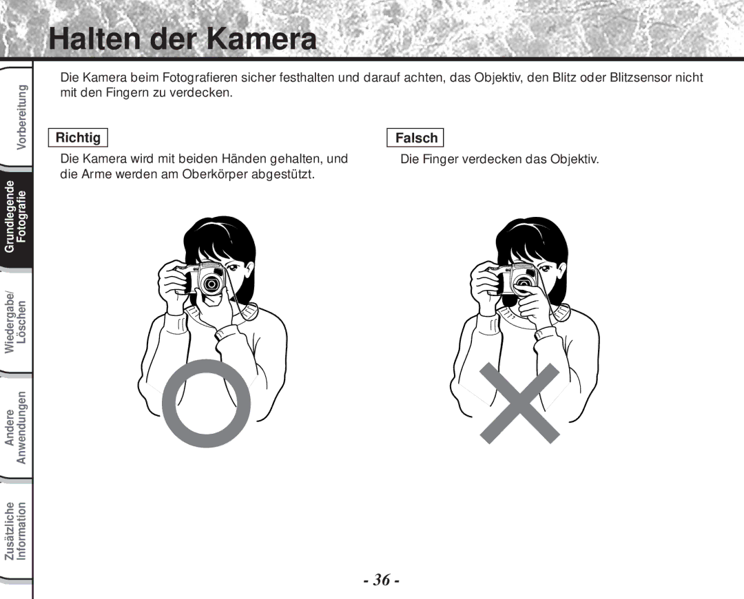 Toshiba PDR-M60 instruction manual Halten der Kamera, Die Kamera wird mit beiden Händen gehalten, und 