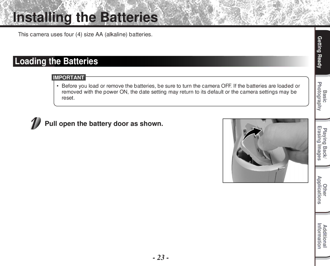 Toshiba PDR-M60 instruction manual Installing the Batteries, Loading the Batteries, Pull open the battery door as shown 