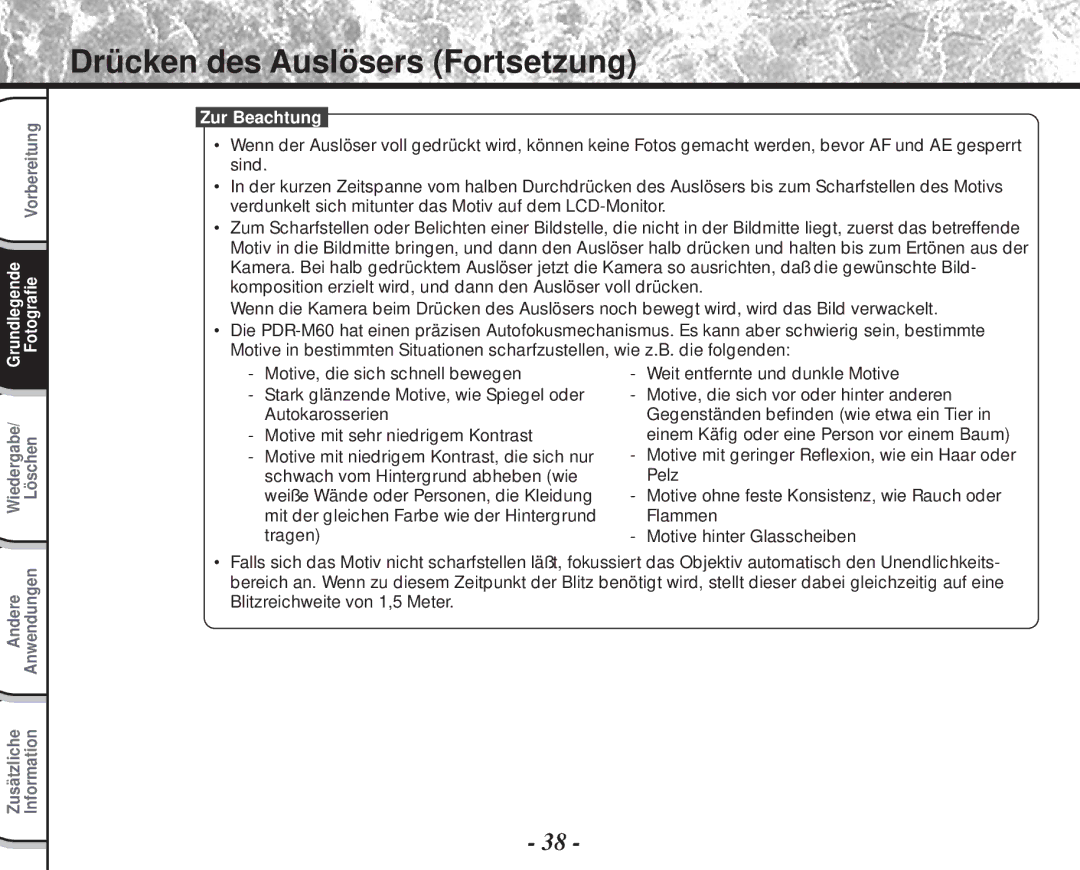 Toshiba PDR-M60 instruction manual Drücken des Auslösers Fortsetzung 