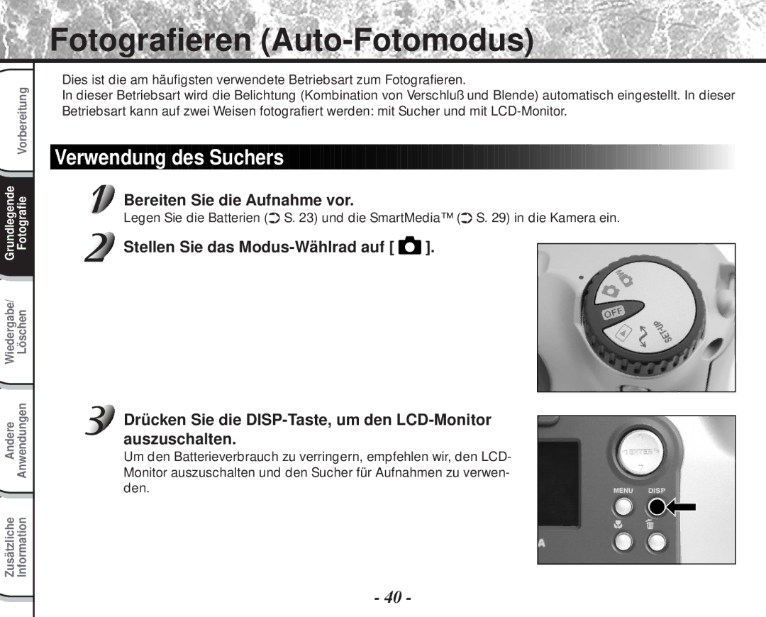 Toshiba PDR-M60 instruction manual Fotografieren Auto-Fotomodus, Verwendung des Suchers, Bereiten Sie die Aufnahme vor 