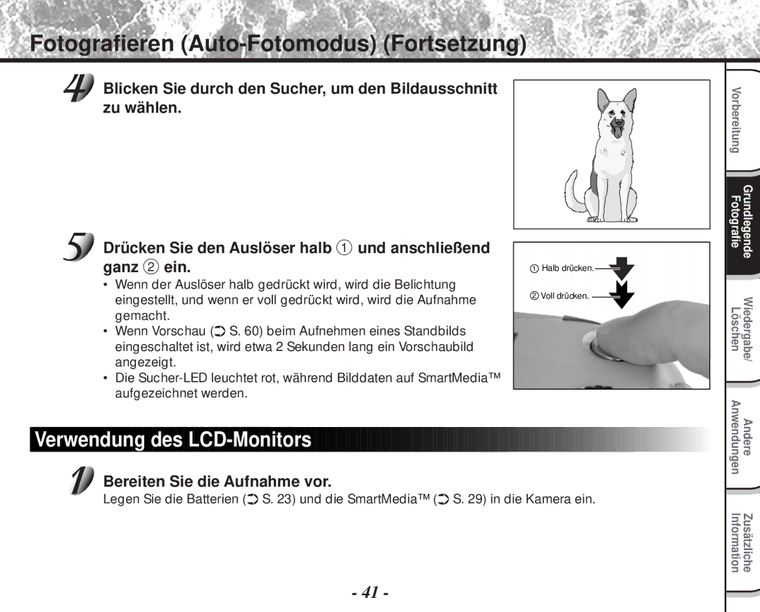 Toshiba PDR-M60 instruction manual Fotografieren Auto-Fotomodus Fortsetzung, Verwendung des LCD-Monitors 