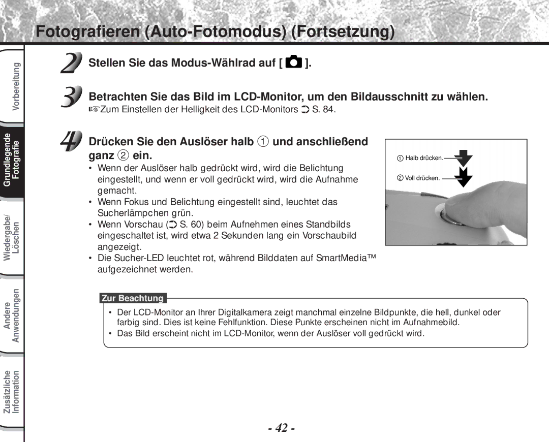 Toshiba PDR-M60 instruction manual Drücken Sie den Auslöser halb 1 und anschließend ganz 2 ein 