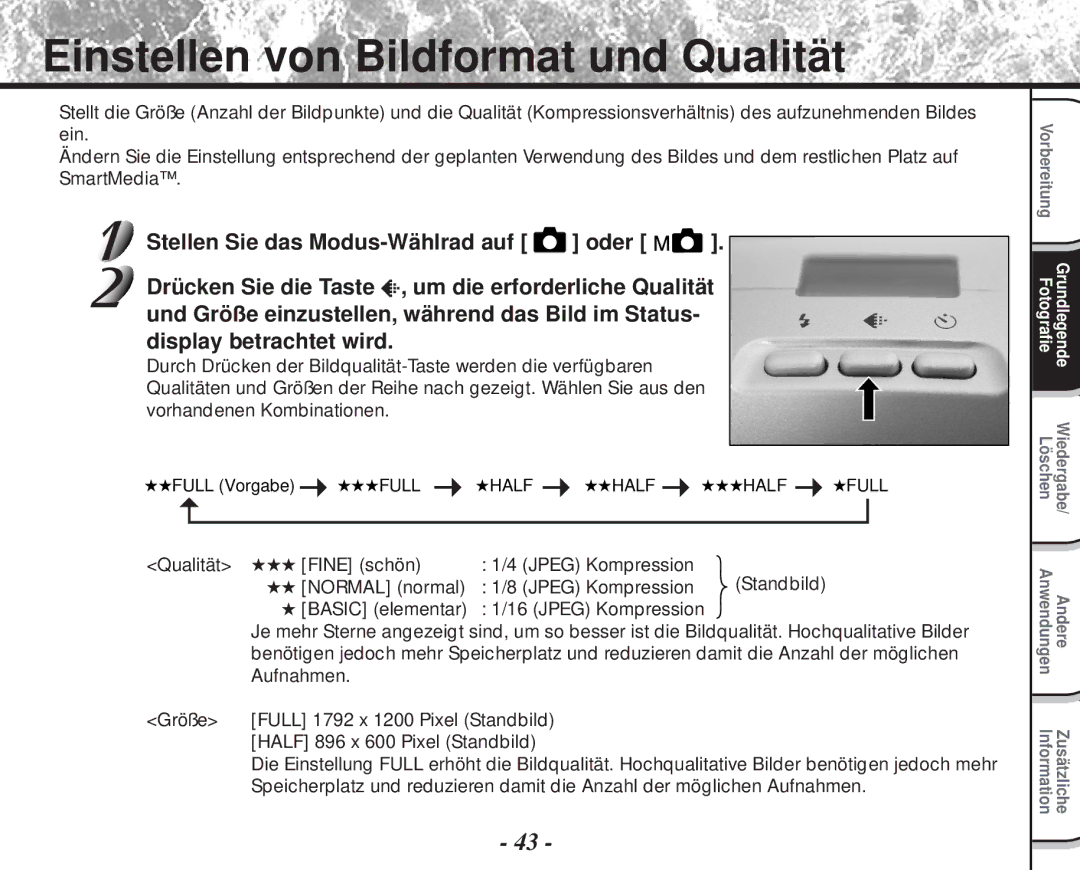 Toshiba PDR-M60 instruction manual Einstellen von Bildformat und Qualität, Qualität Fine schön Jpeg Kompression 