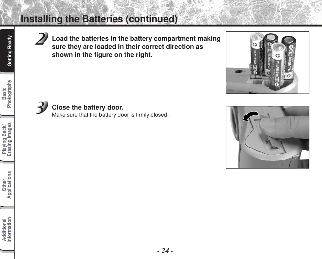 Toshiba PDR-M60 instruction manual Installing the Batteries, Make sure that the battery door is firmly closed 