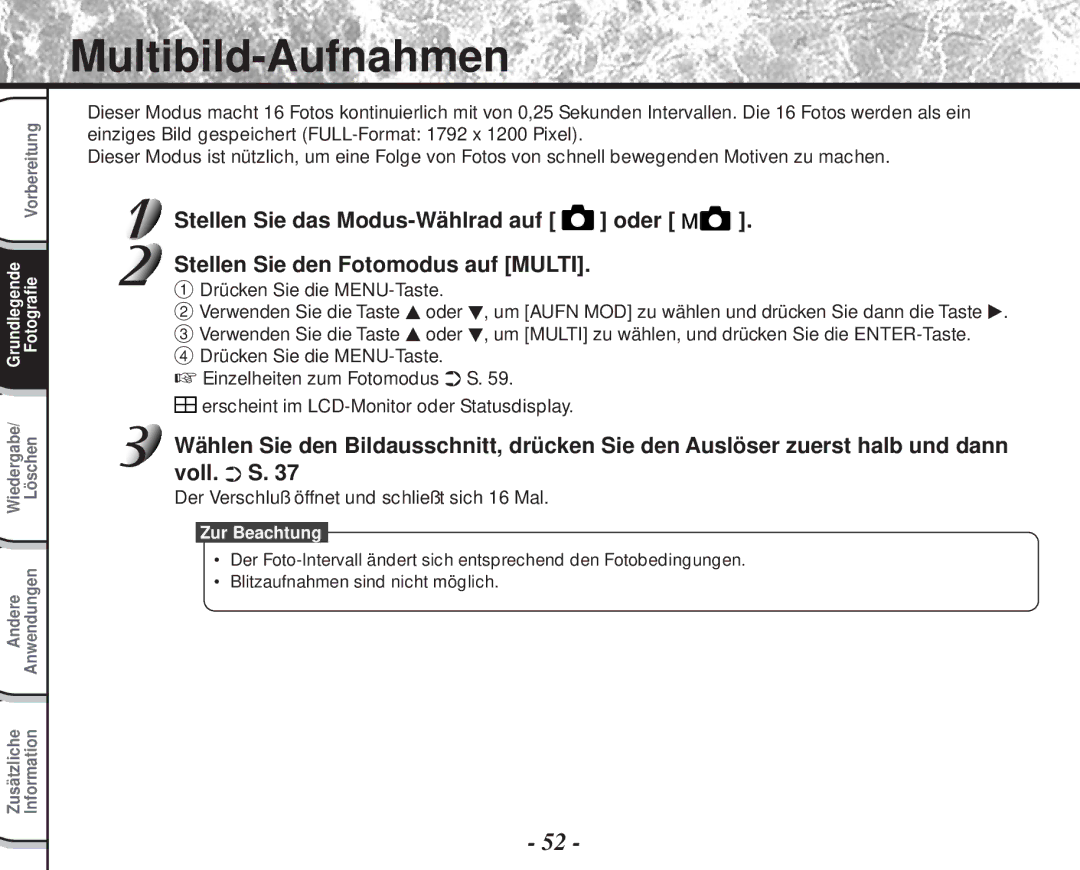 Toshiba PDR-M60 instruction manual Multibild-Aufnahmen, Der Verschluß öffnet und schließt sich 16 Mal 