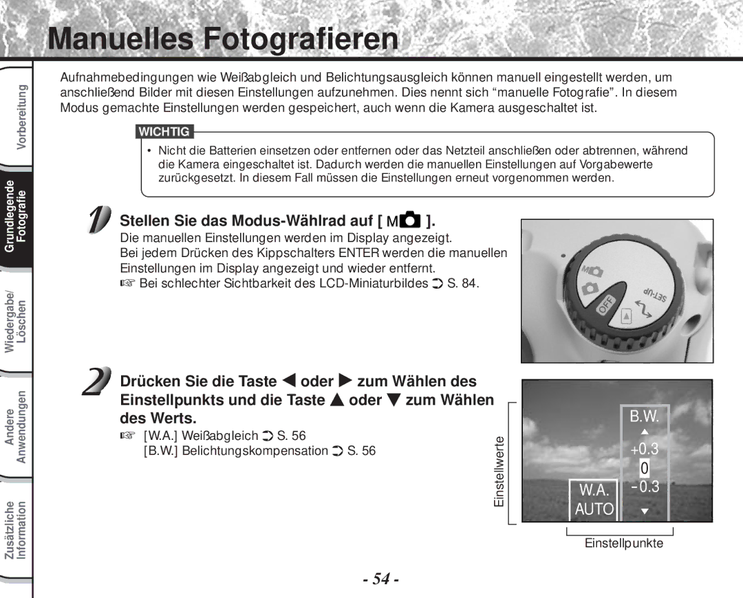 Toshiba PDR-M60 Manuelles Fotografieren, Weißabgleich S Belichtungskompensation S Einstellwerte, Einstellpunkte 