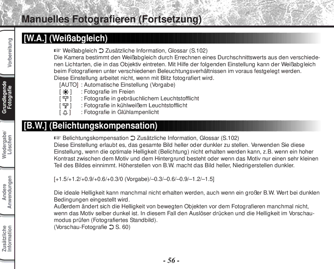 Toshiba PDR-M60 instruction manual Belichtungskompensation, Weißabgleich Zusätzliche Information, Glossar S.102 