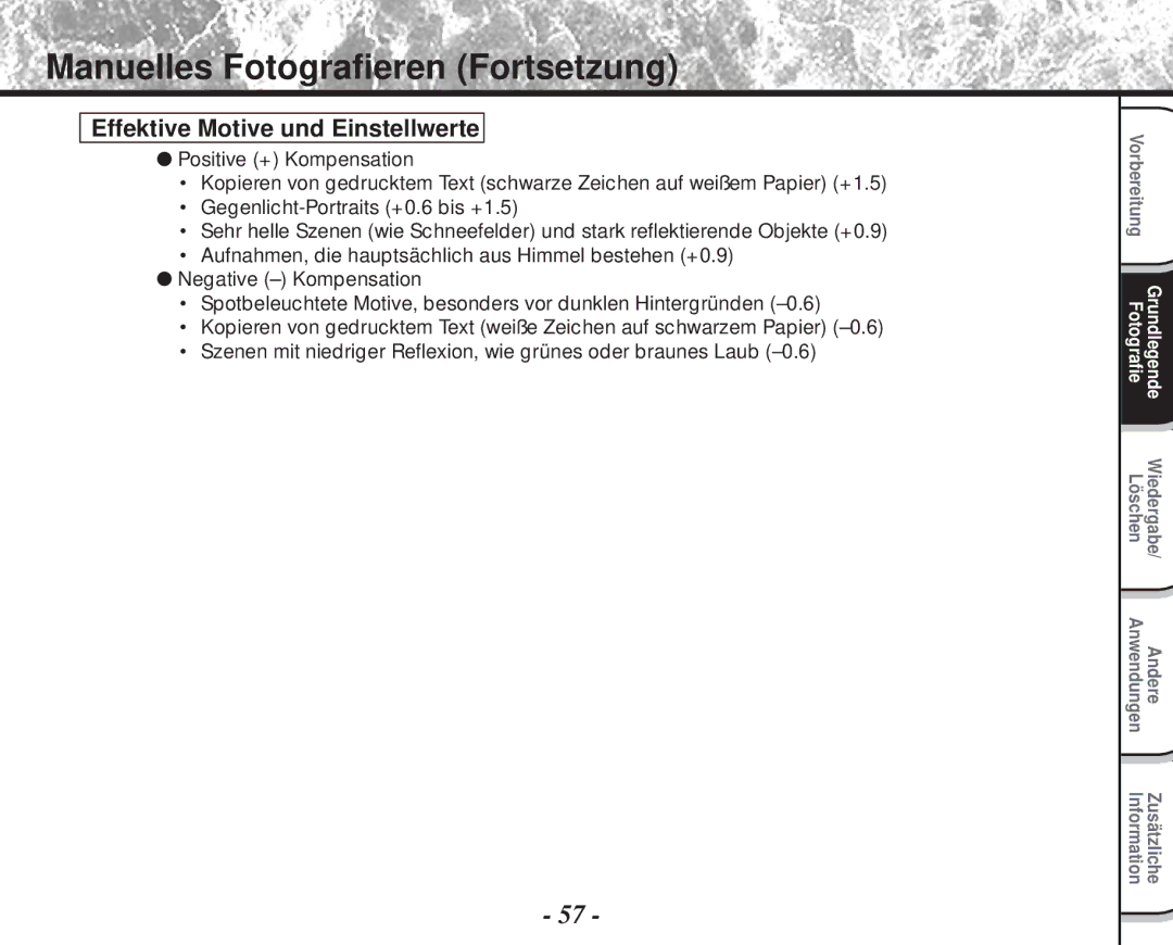 Toshiba PDR-M60 instruction manual Effektive Motive und Einstellwerte 