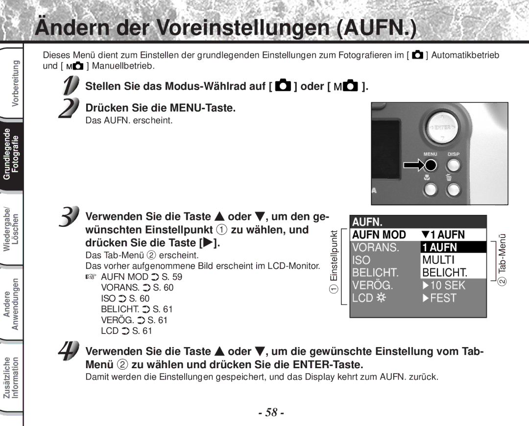 Toshiba PDR-M60 instruction manual Ändern der Voreinstellungen Aufn, Aufn Aufn MOD 